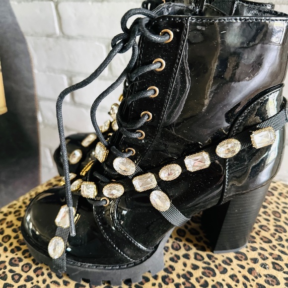 Wild Diva Black Patent Leather Gemstone Boots - Picture 13 of 16
